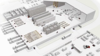 Grafički prikaz skladišta robe Grafički prikaz skladišta robe sa vozilima kompanije Linde Material Handling
