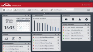 Snimak ekrana komandne površine softvera za upravljanje flotom connect: desk kompanije Linde, koja omogućava pregled svih važnih podataka o floti.